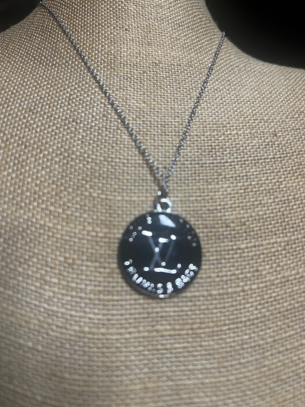 Black Logo Pendant Necklace with Silver-Tone Chain